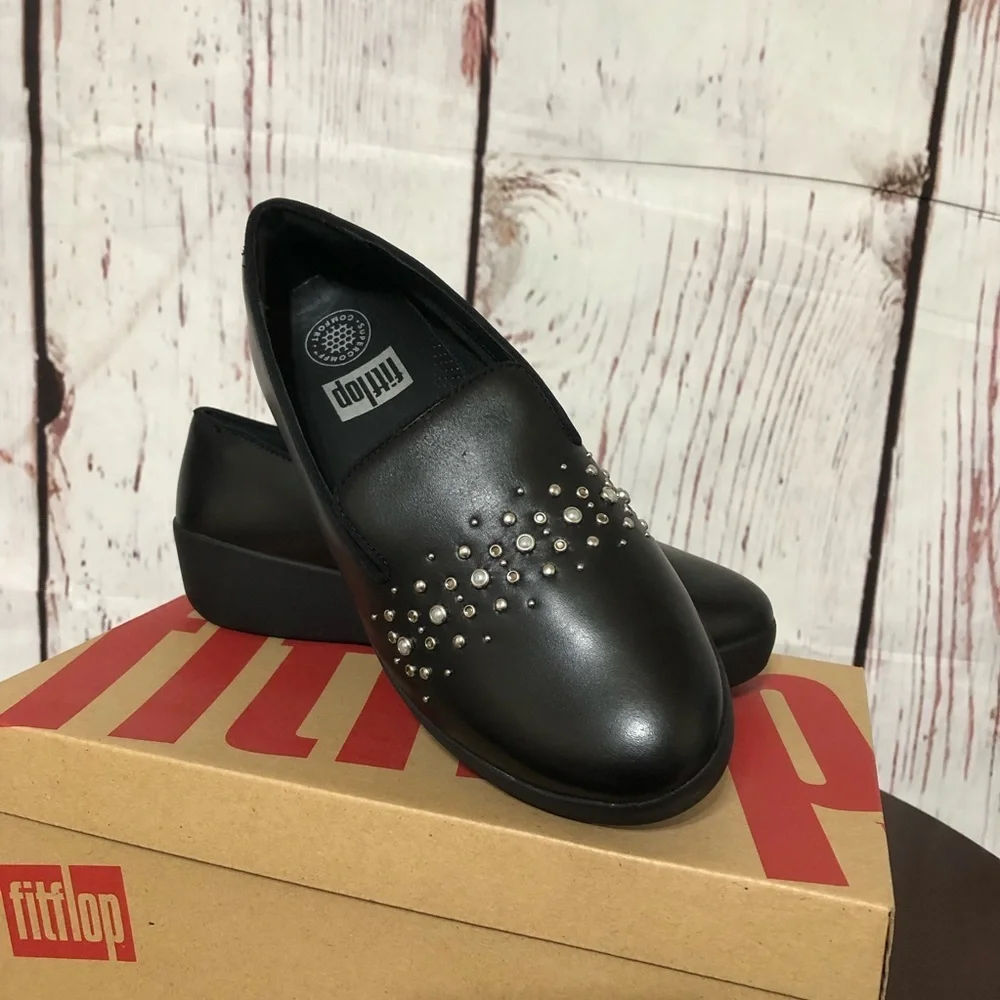 FitFlop Audrey Pearl Stud Smoking Slippers Black Studded Women's Shoes 6.5 NiB